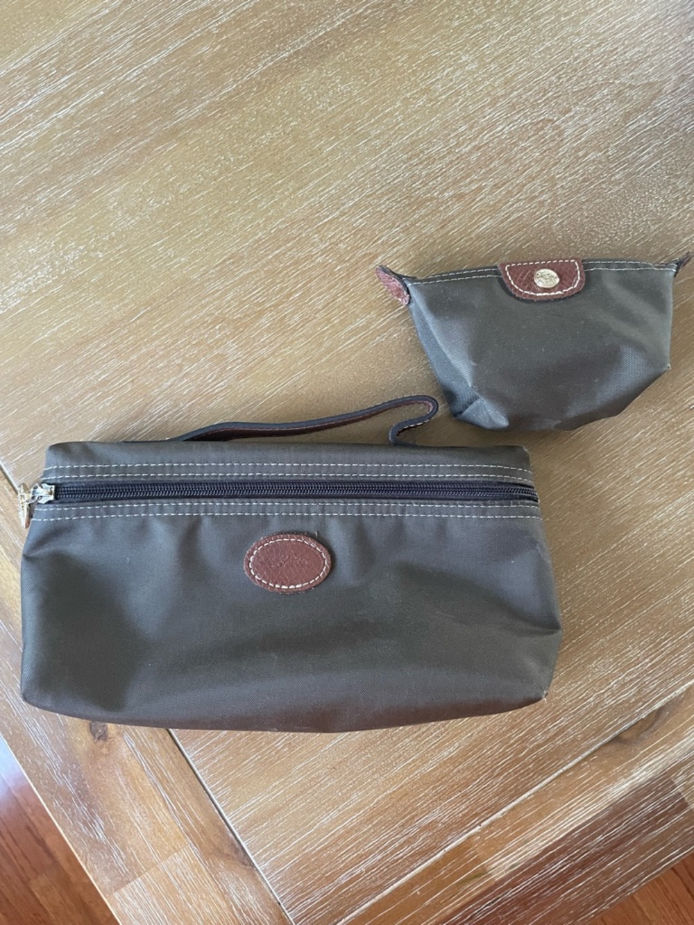 Longchamp Olive Green Nylon Cosmetic Pouch Set with Brown Trim